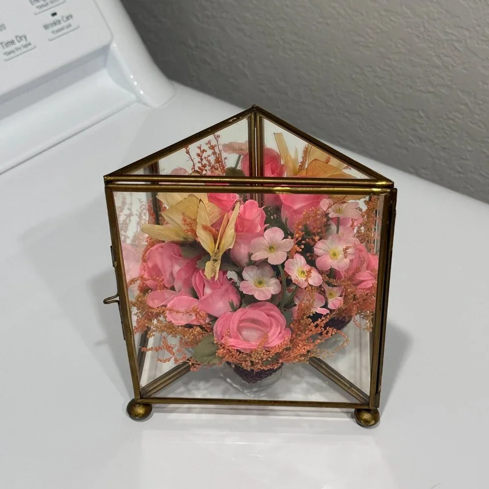 Vintage Glass/Mirrors & Brass Triangular Box with Flowers